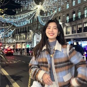 CUBIC British Style Colorblock Plaid Wool Blend PU Jacket, NWT, size L